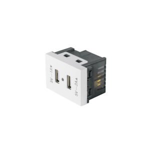 Toma con 2 puertos USB, 1.5 módulos, línea Española, blanco