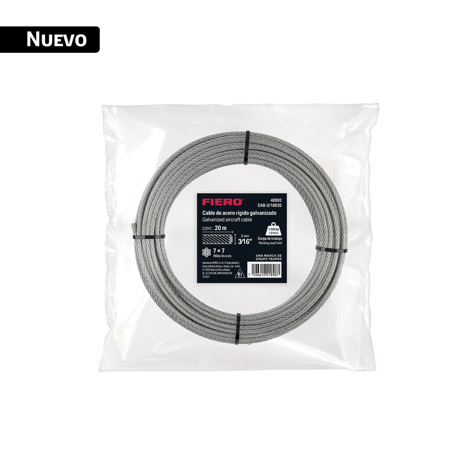 Cable rígido 3/16' x 20 m, acero galvanizado, FIERO