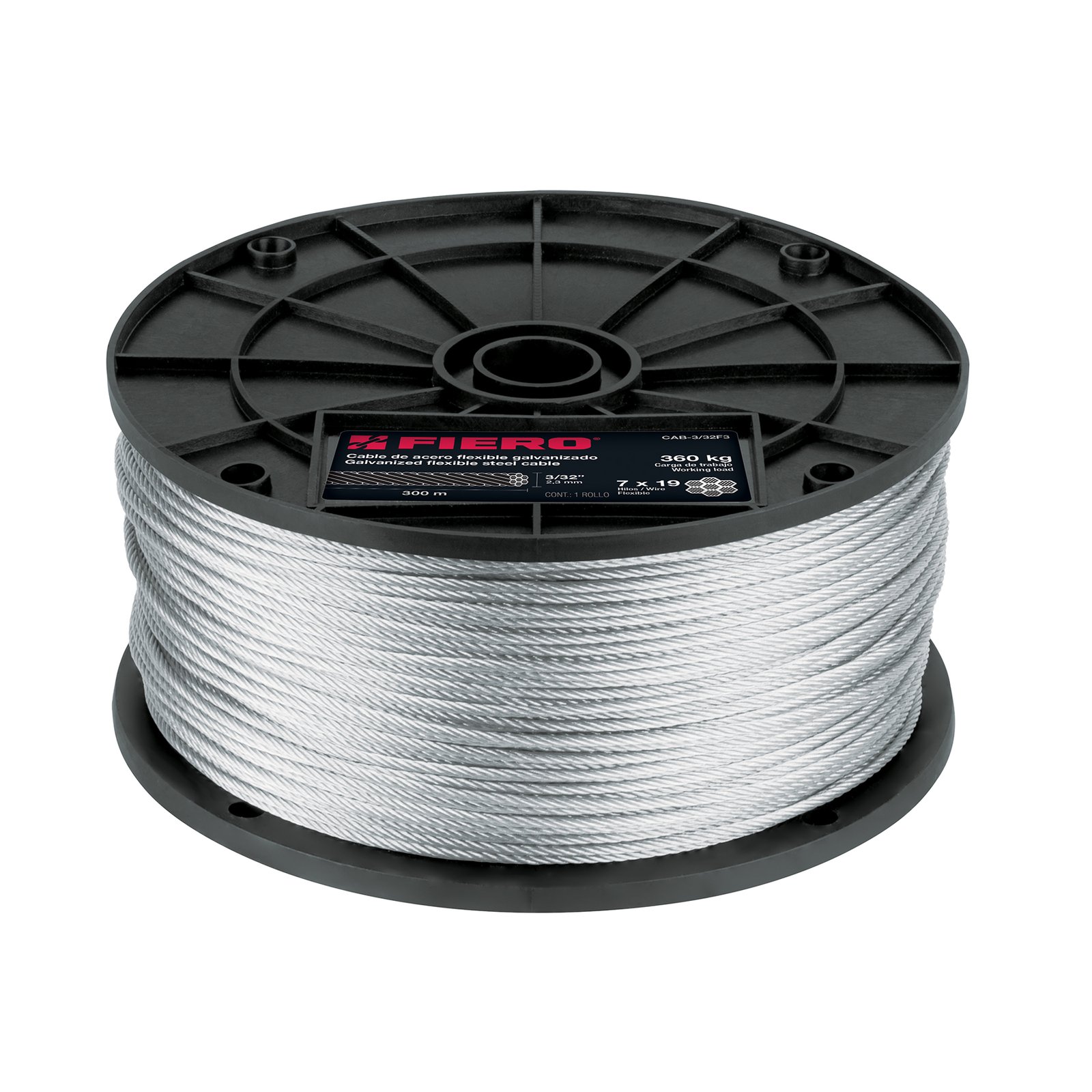 Metro de cable flexible 3/32' de acero 7x19 hilos, 300 m