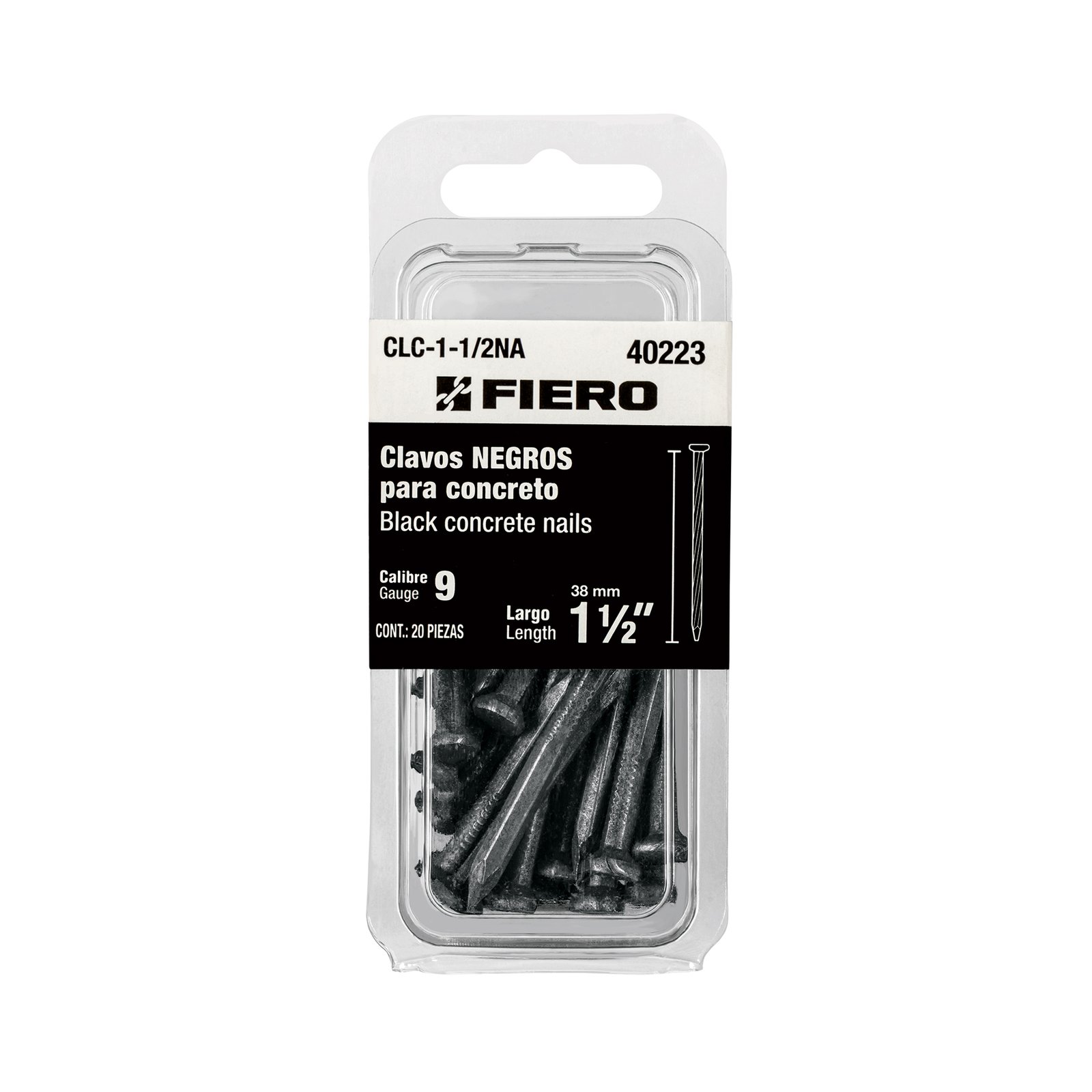Blíster con 20 clavos negros para concreto 1-1/2', FIERO