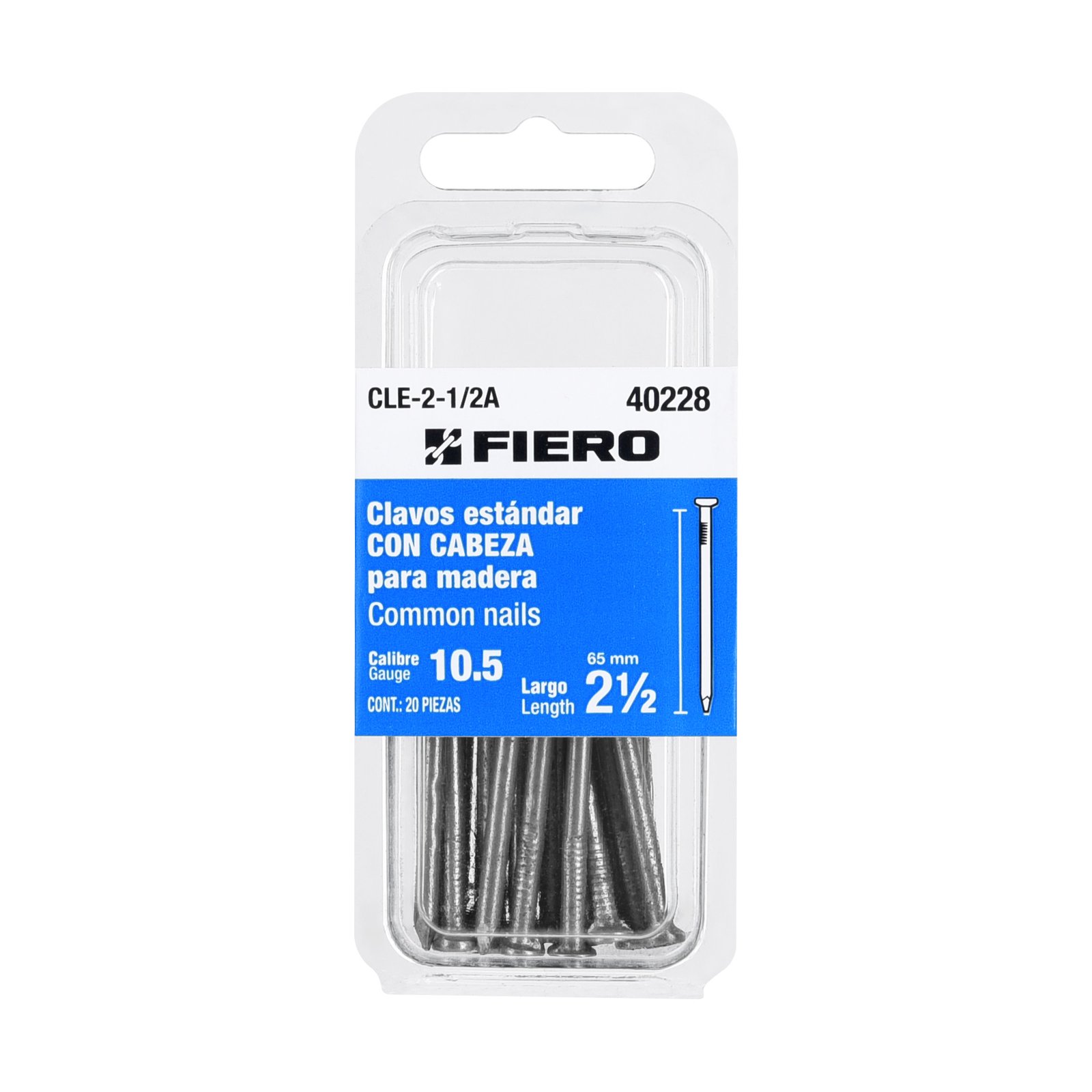 Blíster con 20 clavos estándar 2-1/2' con cabeza, FIERO