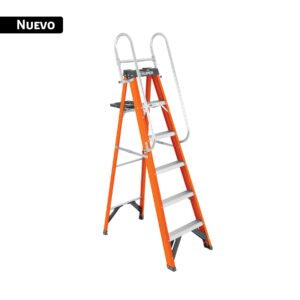 Escalera de tijera con barandal, 5 peldaños, fibra de vidrio