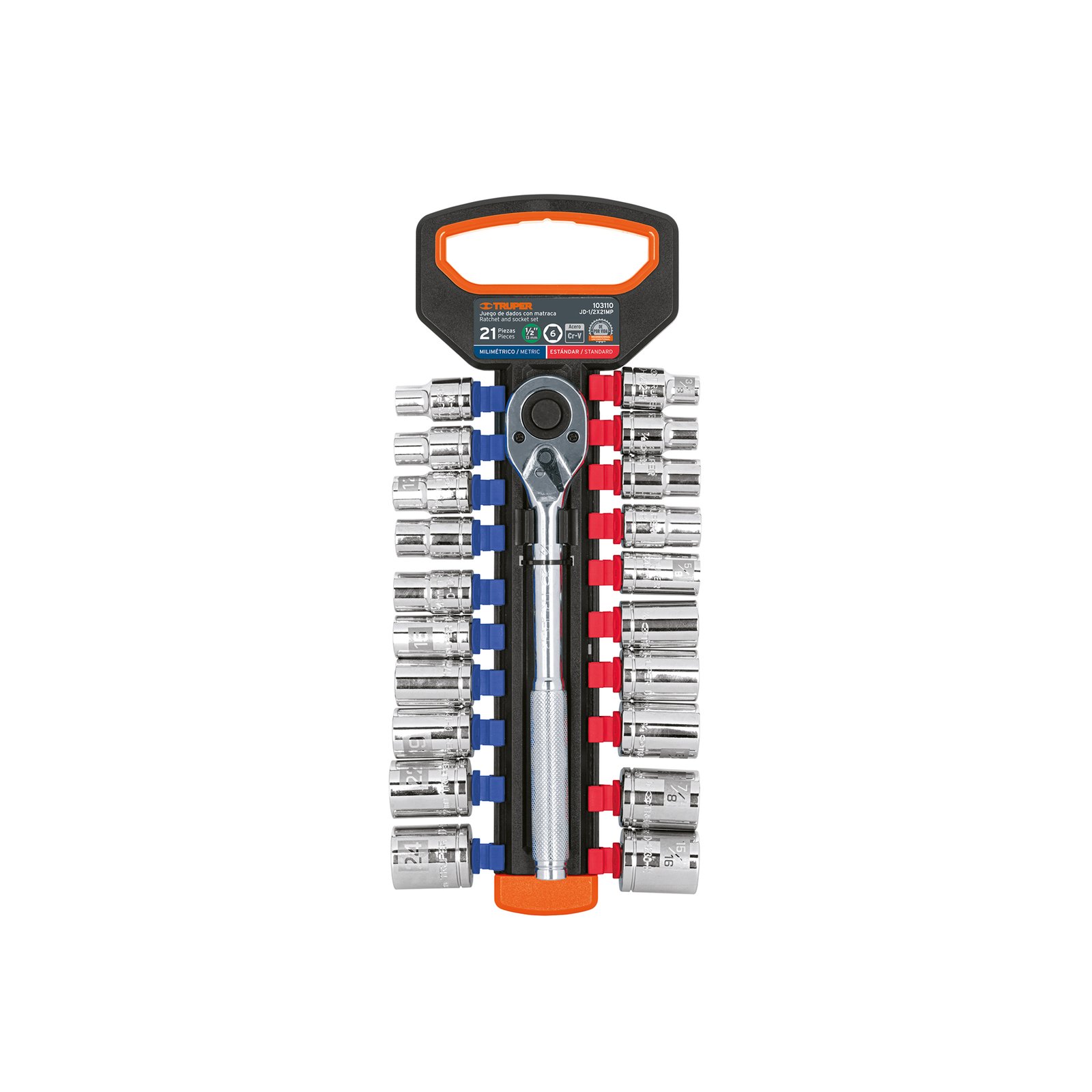 Juego de dados mm y std con matraca, cuadro 1/2', TRUPER