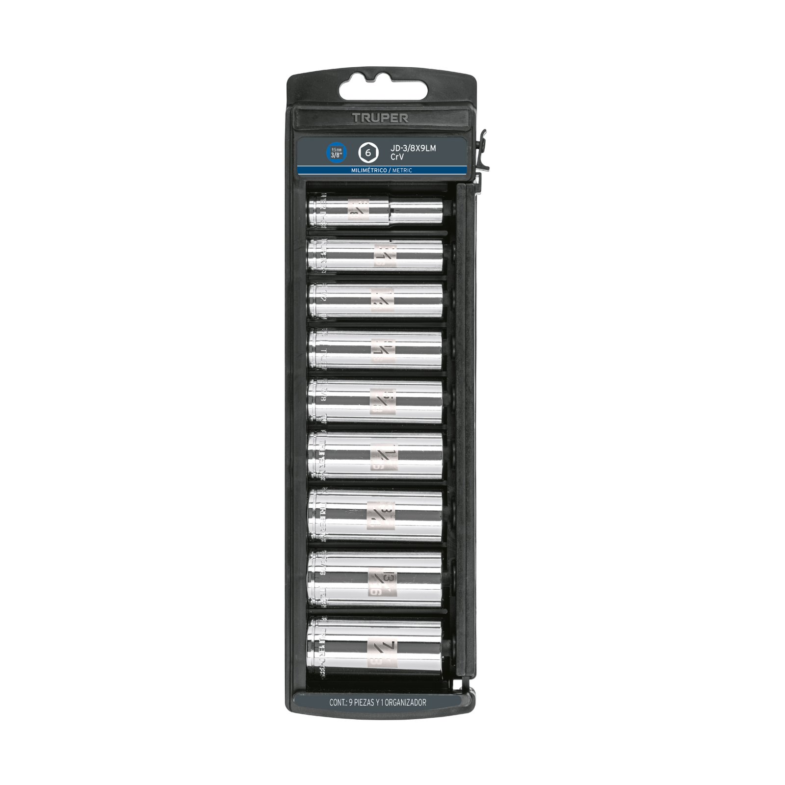 JD-3-8X9LM.jpg Juego de 9 dados largos cuadro 3/8' mm, TRUPER - Image 1