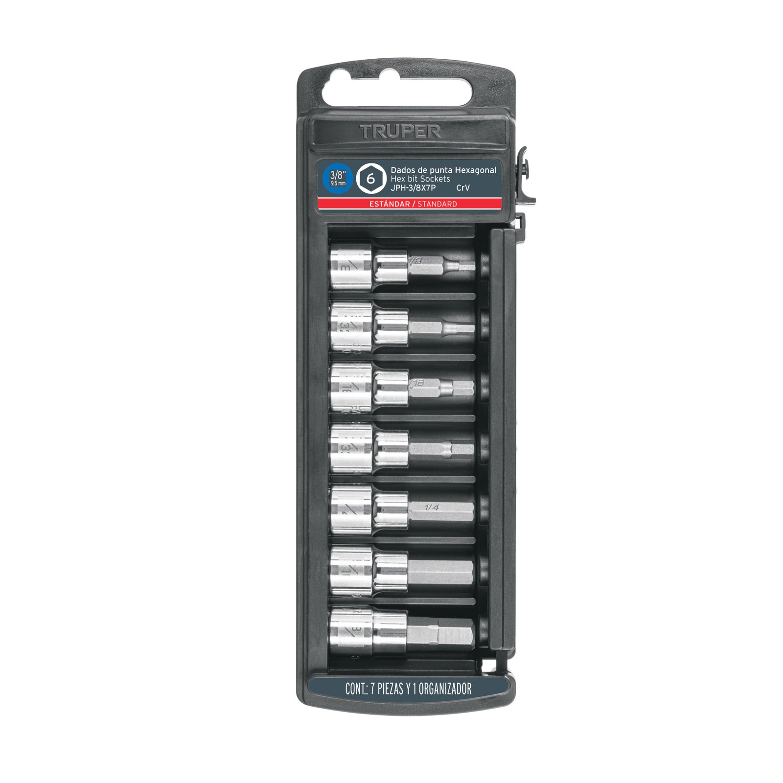 Juego de 7 dados punta hexagonal std, cuadro 3/8', TRUPER
