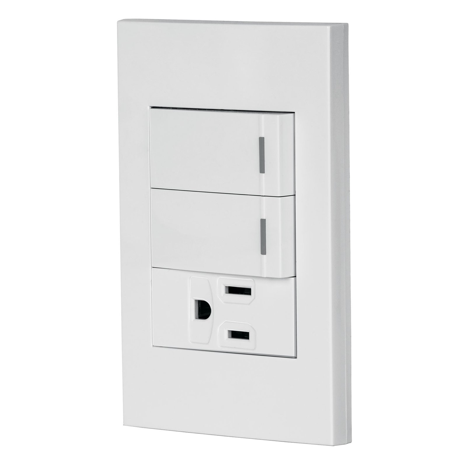 Placa armada 2 interruptores,1 contacto,1mod,Española,blanco