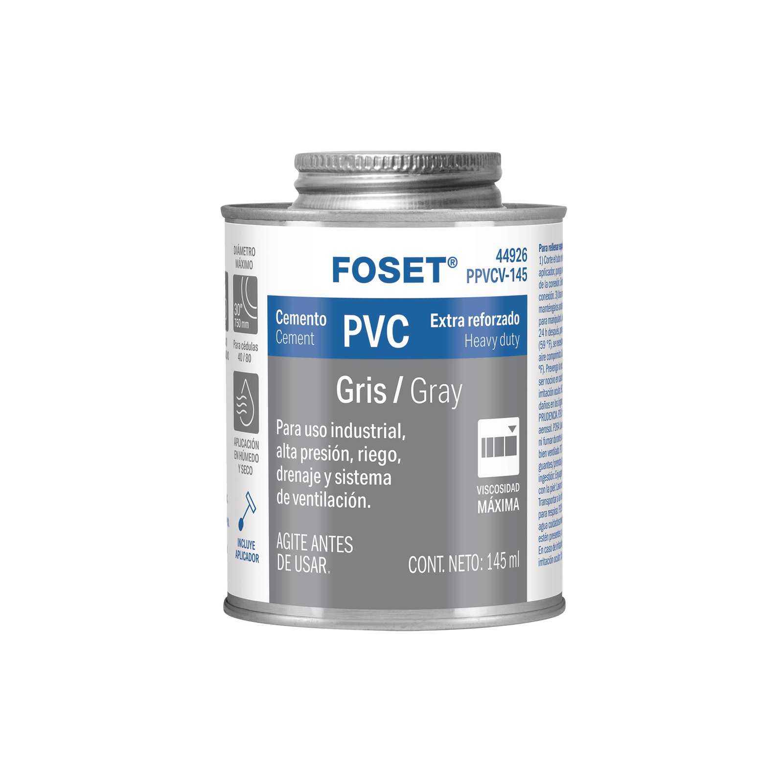 Cemento para PVC, gris, máxima viscosidad, lata 145ml, FOSET