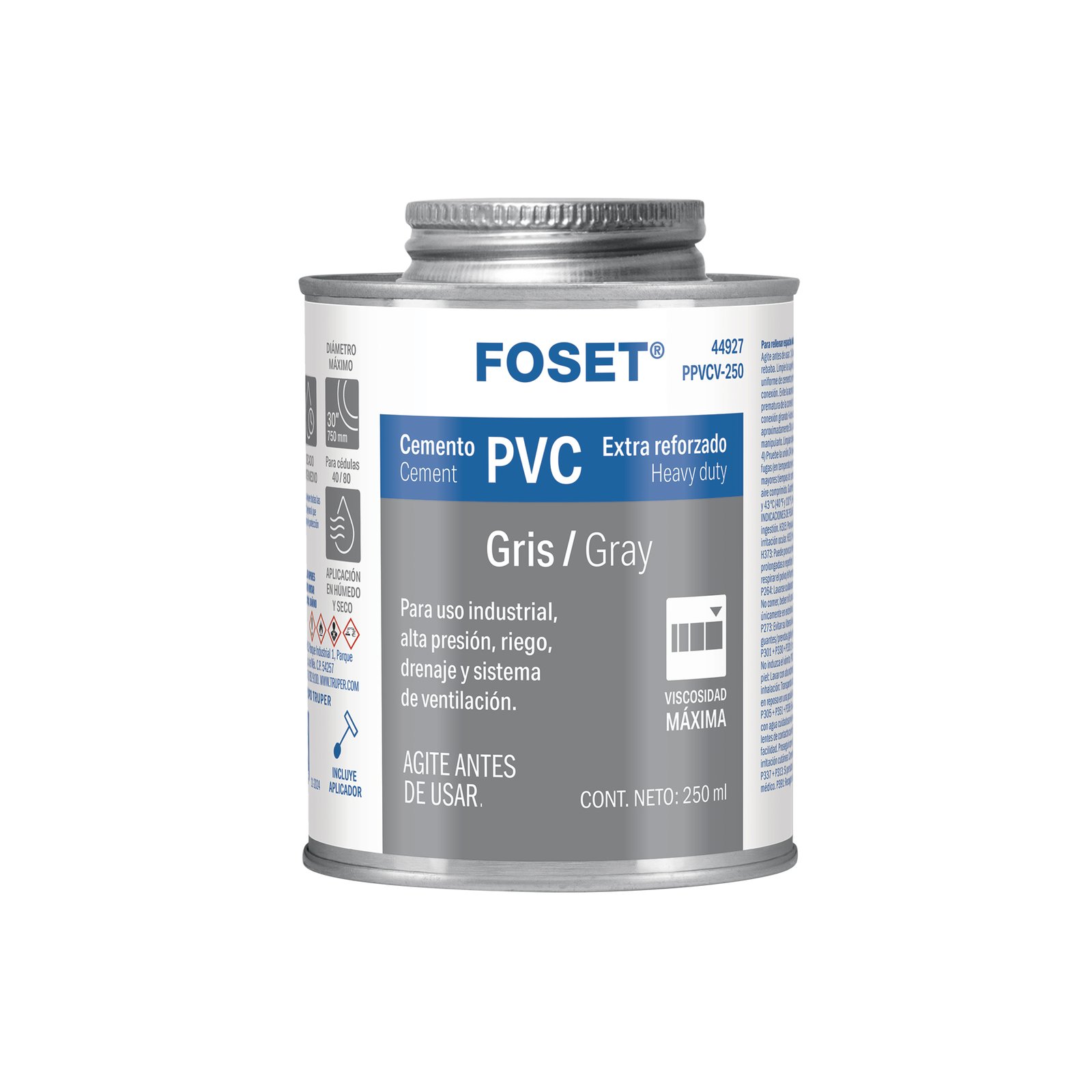 Cemento para PVC, gris, máxima viscosidad, lata 250ml, FOSET