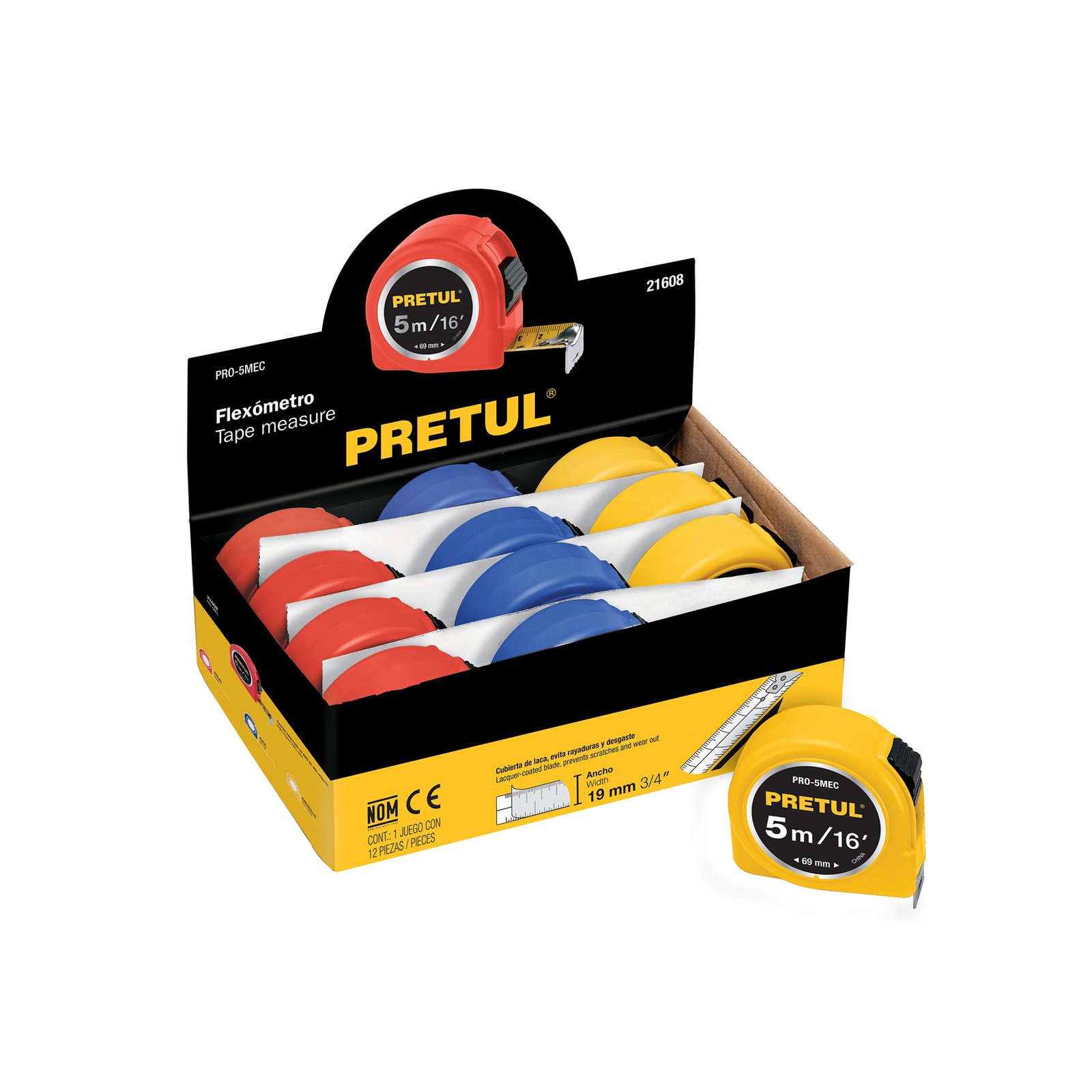 PRO-5MEC.jpg Flexómetro 5 m cinta 19 mm, en display box, PRETUL - Image 1